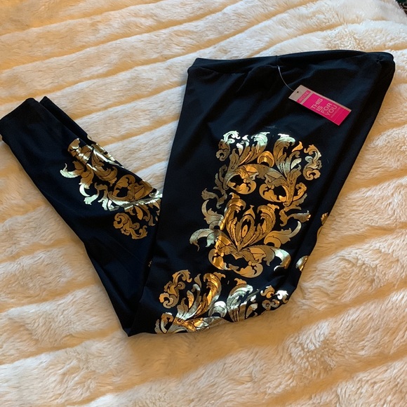 Y2k gold metallic foil filigree black leggings skinny pants M - Picture 11 of 13
